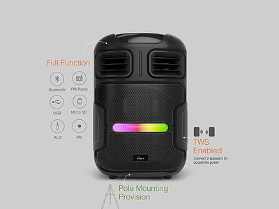 Image of FINGERS RollingParties-51 Bluetooth Trolley Speaker with Powerful 50 W Deep Bass, RGB lights, 15-hour, Bundled 2 Wireless Mics & Additional 2 Mics - 3